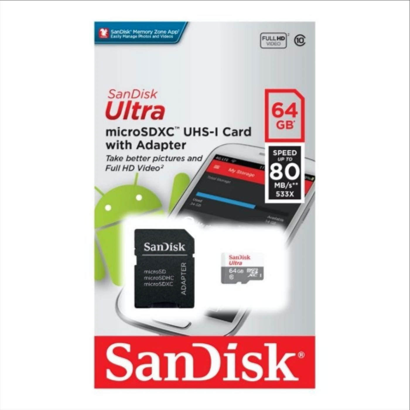 Scheda di Memoria microSDXC SanDisk Ultra, 64Gb, Classe 10, Con Adattatore SDSQUNR-064G-GN3MA