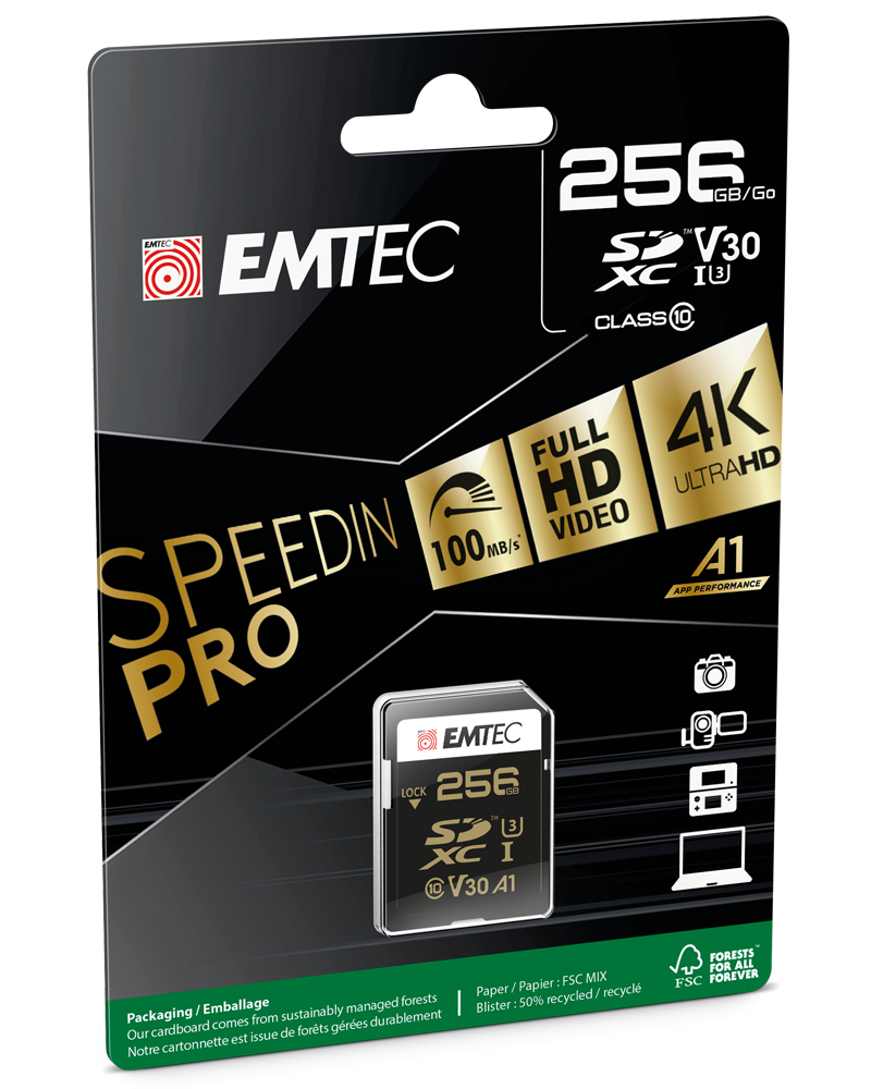 Scheda di Memoria SDXC Emtec SpeedIn Pro, 256Gb, Classe 10 / UHS-1 U3 ECMSD256GXC10SP