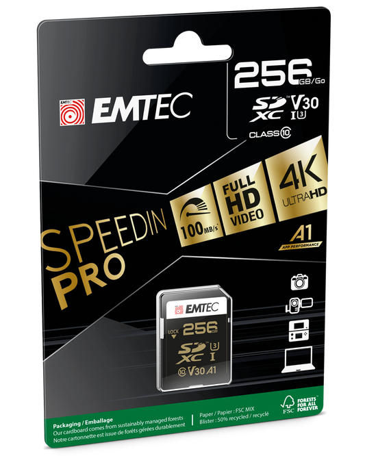 Scheda di Memoria SDXC Emtec SpeedIn Pro, 256Gb, Classe 10 / UHS-1 U3 ECMSD256GXC10SP