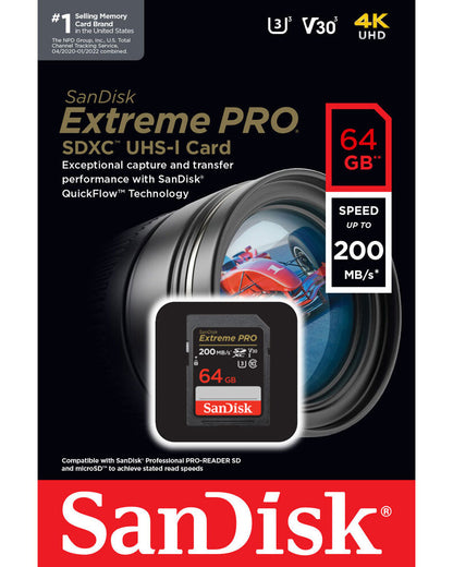 SanDisk Extreme Pro SDXC Memory Card, 64Gb, Class 10 / UHS-1 U3 SDSDXXU-064G-GN4IN
