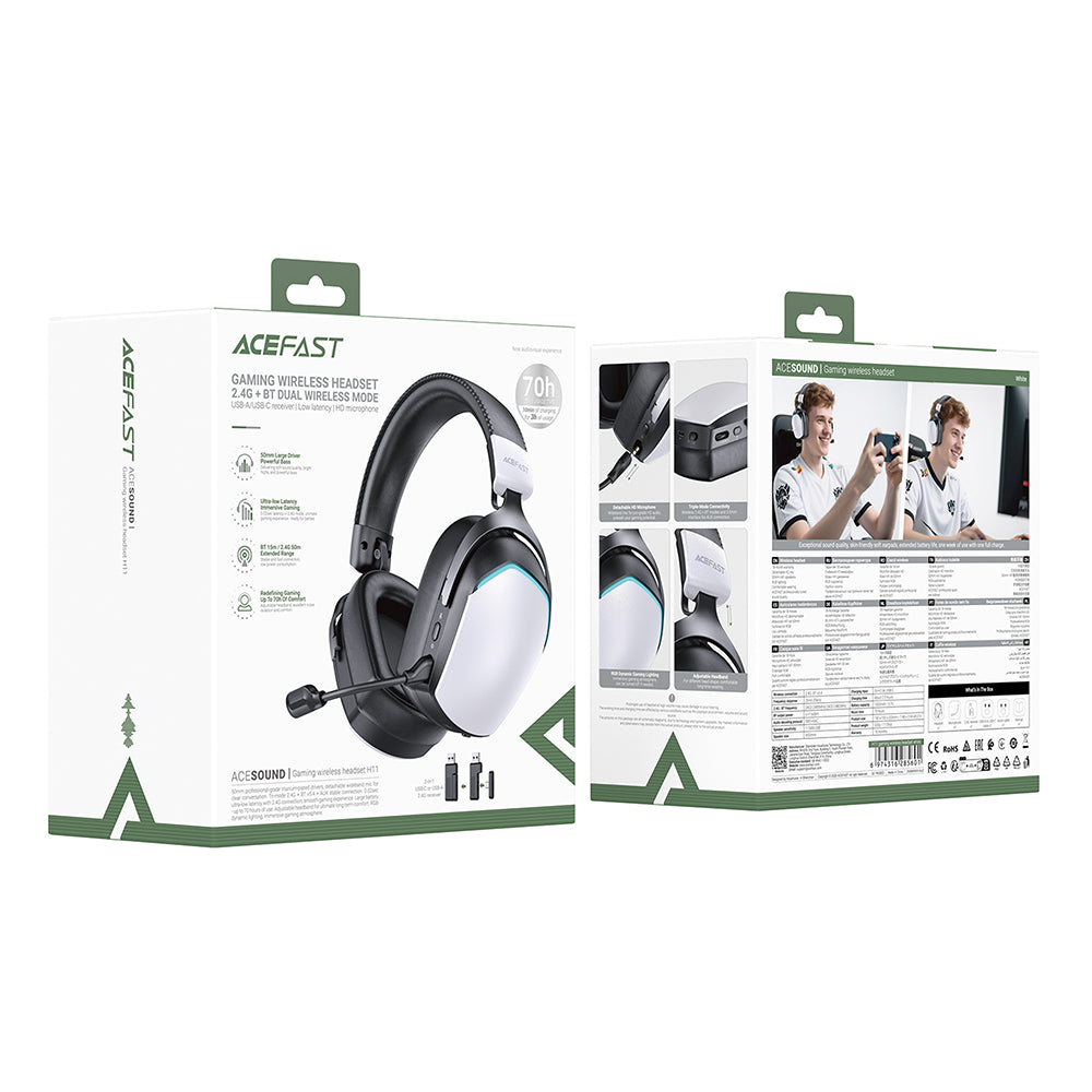 Cuffie Gaming Wireless Acefast H11, RGB, BT / Wi-FI / Cablate, Bianche