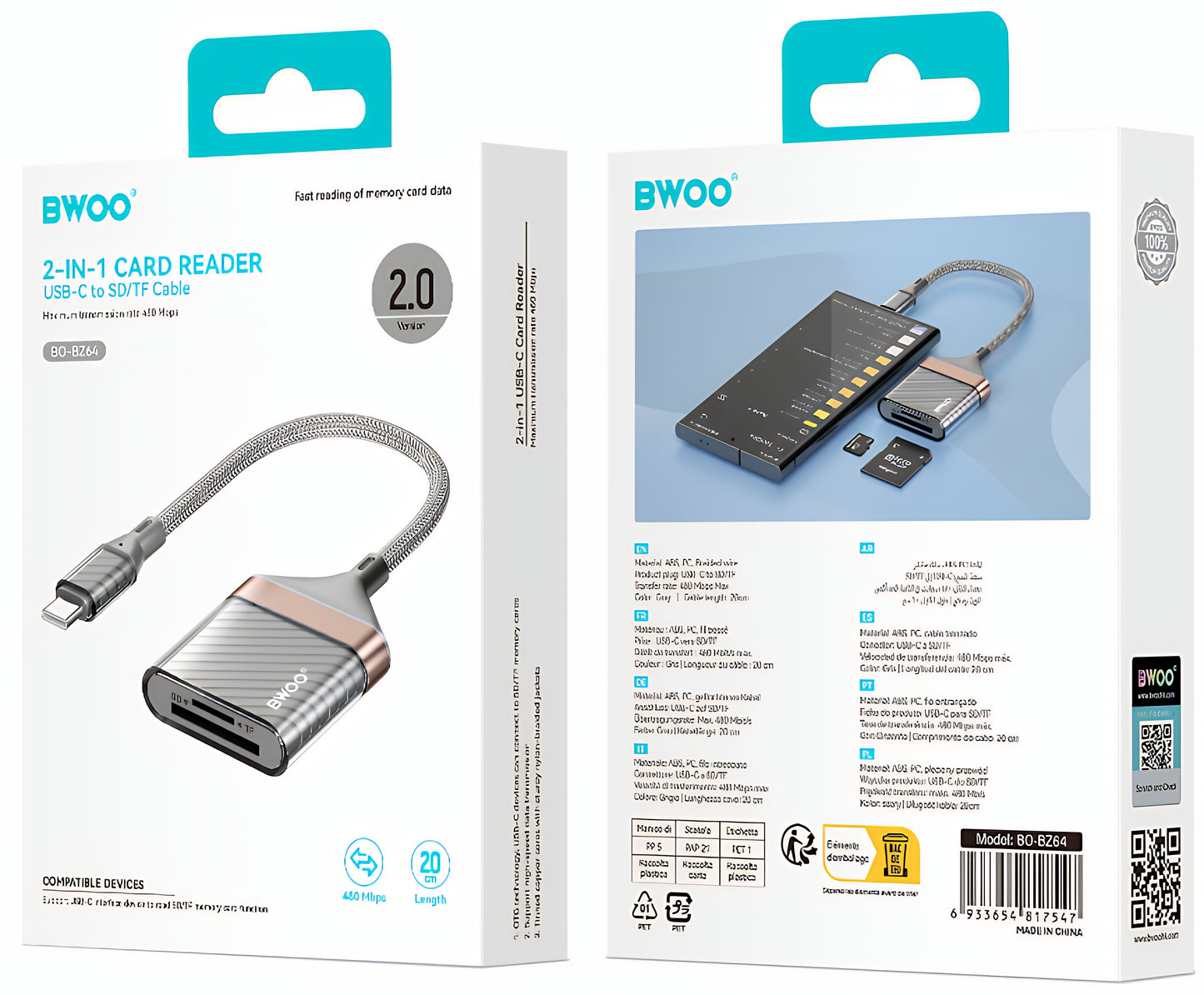 Lettore di Schede USB-C BWOO BZ64, SD - microSD, Grigio
