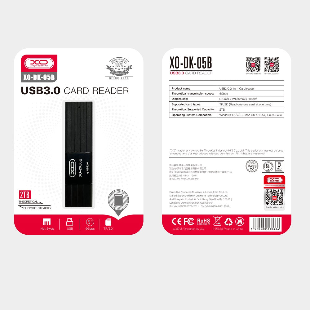 Lettore di schede USB 3.0 XO Design DK05B, SD - microSD, Nero
