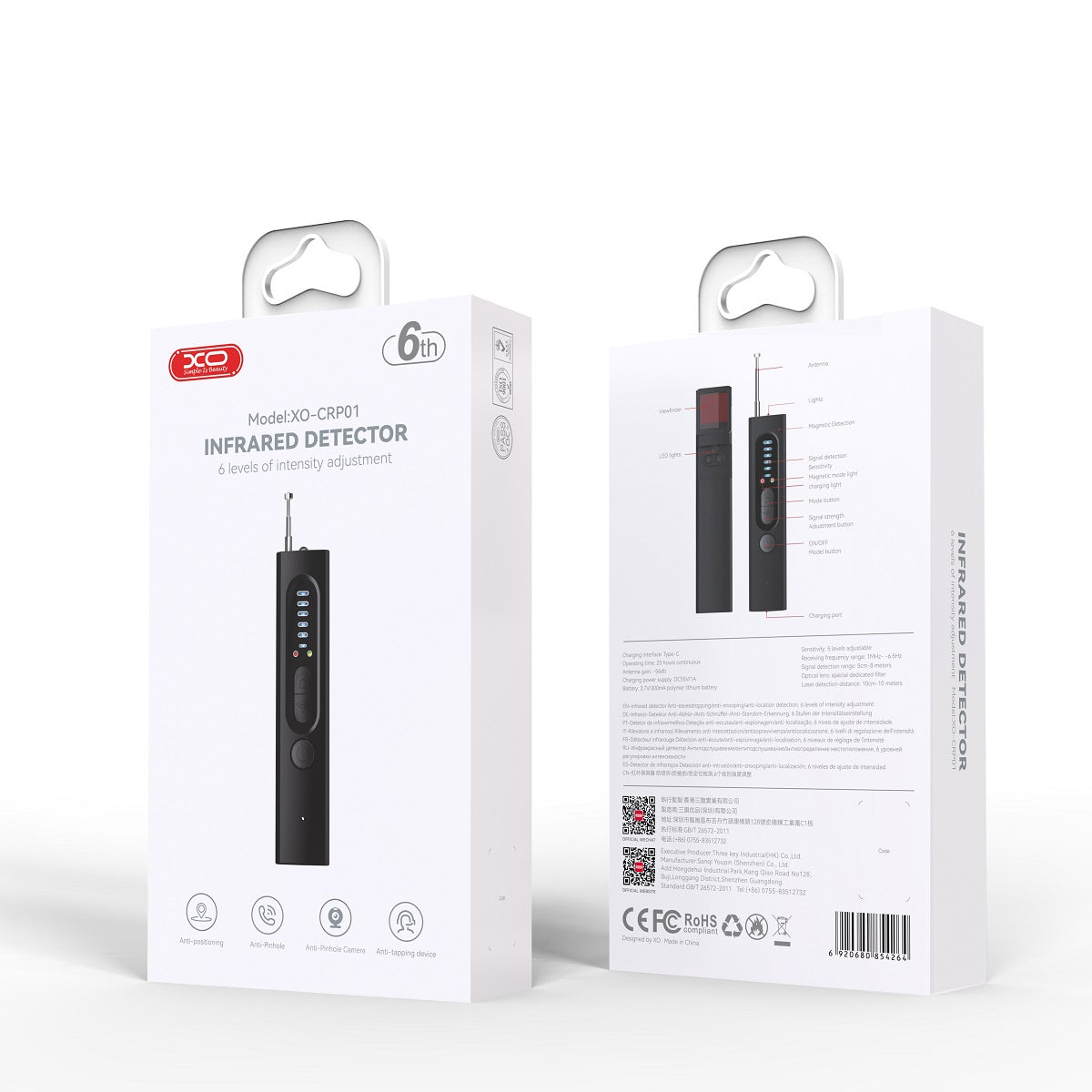 Rilevatore IR dispositivi GSM / microfoni nascosti / localizzatori GPS XO Design CRP01, Nero