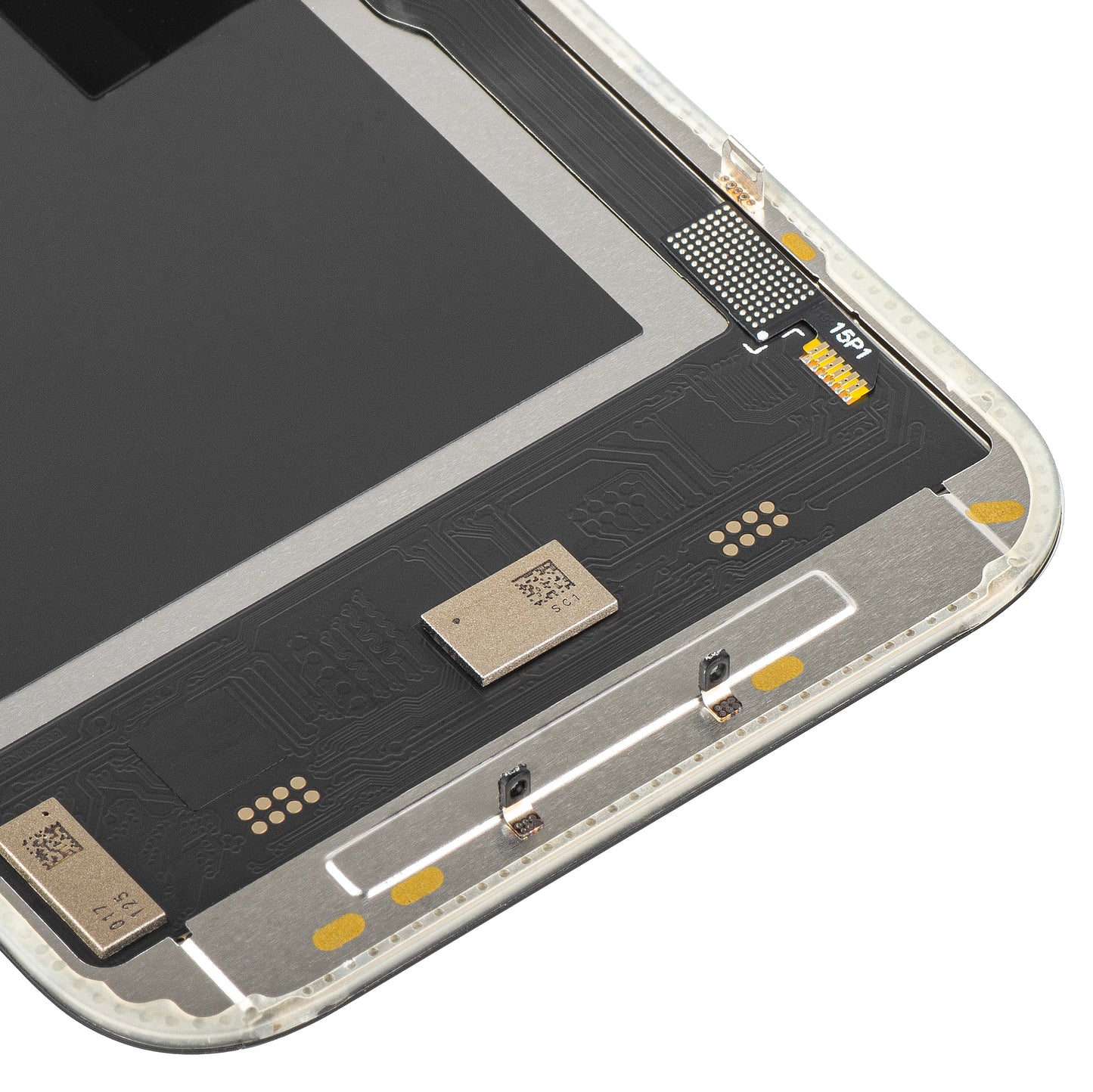 Display con Touchscreen MP compatibile con Apple iPhone 15 Pro, con Cornice, Versione Soft OLED IC Movable 120Hz FHD, Nero
