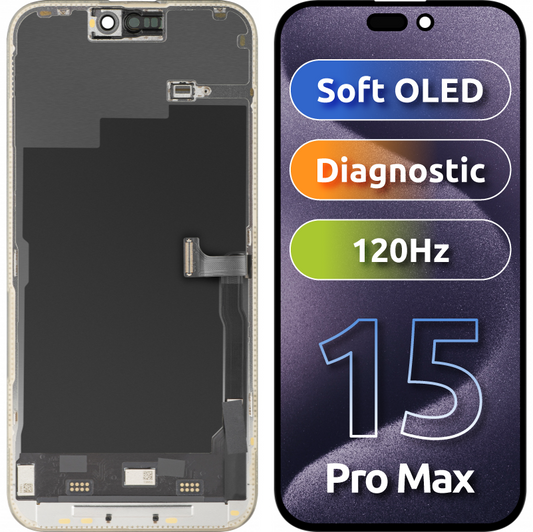 Display con Touchscreen MP compatibile con Apple iPhone 15 Pro Max, con Cornice, Versione Soft OLED 120Hz FHD Diagnostic, Nero