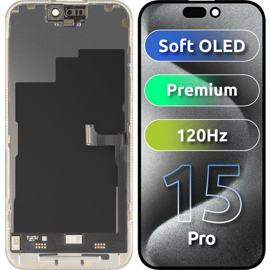 Display con Touchscreen MP compatibile con Apple iPhone 15 Pro, con Cornice, Versione Premium Soft OLED FHD 120Hz, Nero