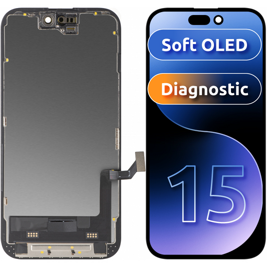 Display con Touchscreen MP compatibile con Apple iPhone 15, con Cornice, Versione Soft OLED FHD Diagnostica, Nero