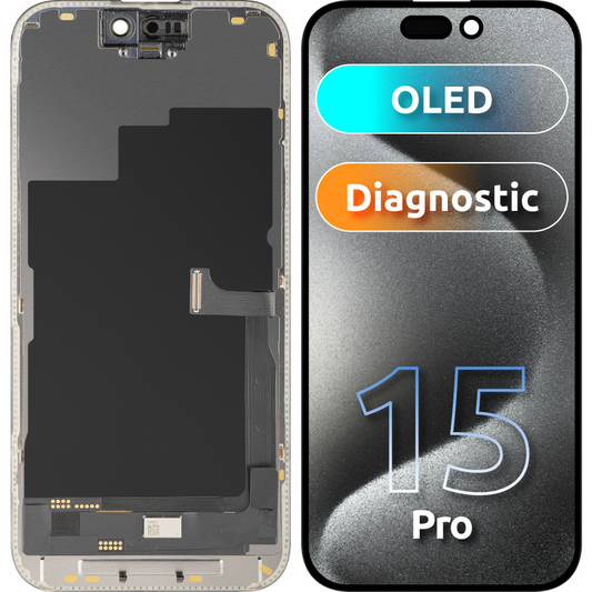 Display con Touchscreen MP compatibile con Apple iPhone 15 Pro, con Cornice, Versione OLED FHD Diagnostic, Nero