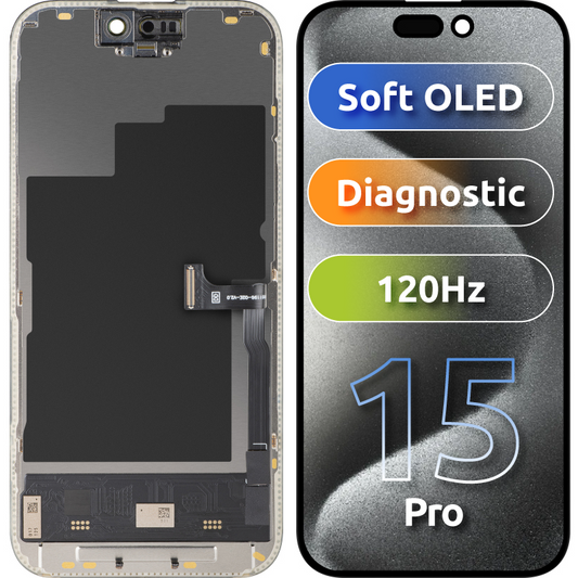 Display con Touchscreen MP compatibile con Apple iPhone 15 Pro, con Cornice, Versione Soft OLED FHD 120Hz Diagnostic, Nero