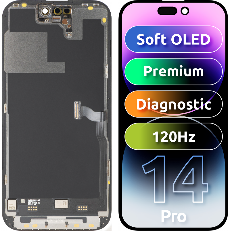 Display con Touchscreen MP compatibile con Apple iPhone 14 Pro, con Cornice, Versione Premium Soft OLED FHD 120Hz Diagnostico, Nero