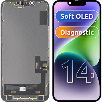 Display con Touchscreen MP compatibile con Apple iPhone 14, con Cornice, Versione Soft OLED FHD Diagnostic, Nero