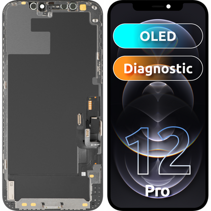 Display con Touchscreen MP compatibile con Apple iPhone 12 / 12 Pro, con Cornice, Versione OLED Diagnostica, Nero