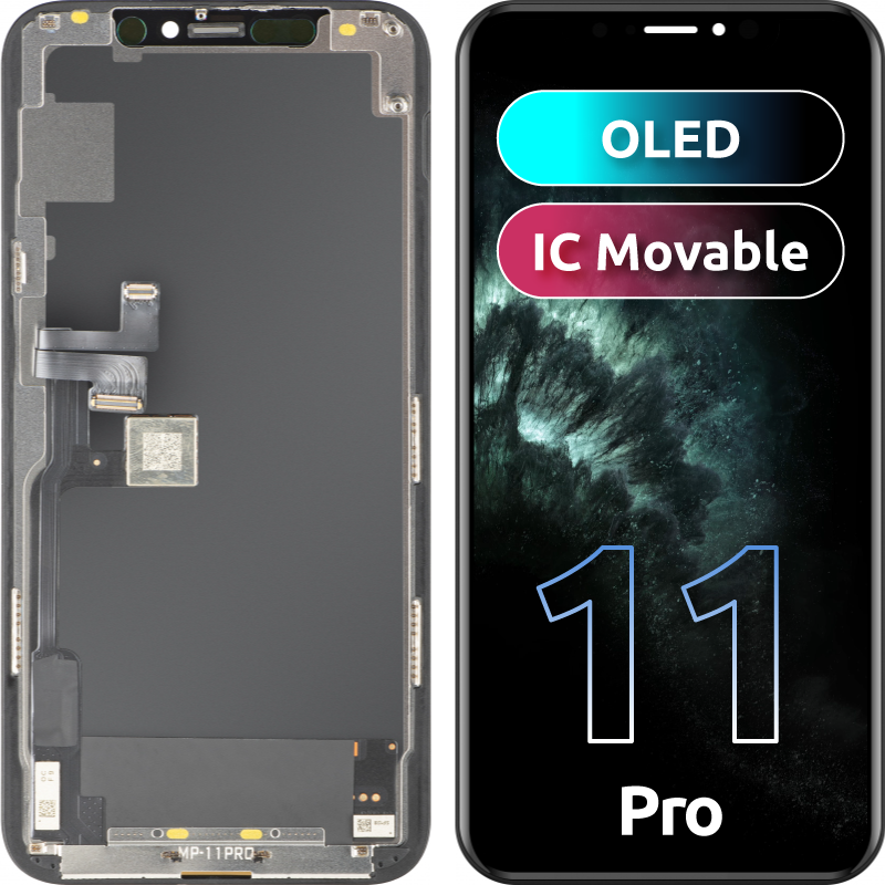 Display con Touchscreen MP compatibile con Apple iPhone 11 Pro, con Cornice, Versione OLED FHD IC Movable, Nero