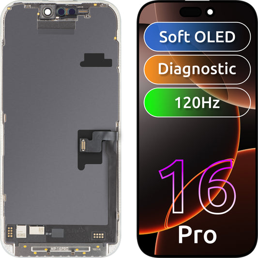 Display con Touchscreen MP compatibile con Apple iPhone 16 Pro, con Cornice, Versione Software OLED FHD 120Hz Diagnostica, Nero