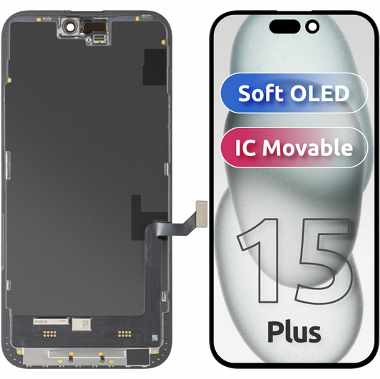 Display con Touchscreen MP compatibile con Apple iPhone 15 Plus, con Cornice, Versione Soft OLED FHD IC Movable, Nero