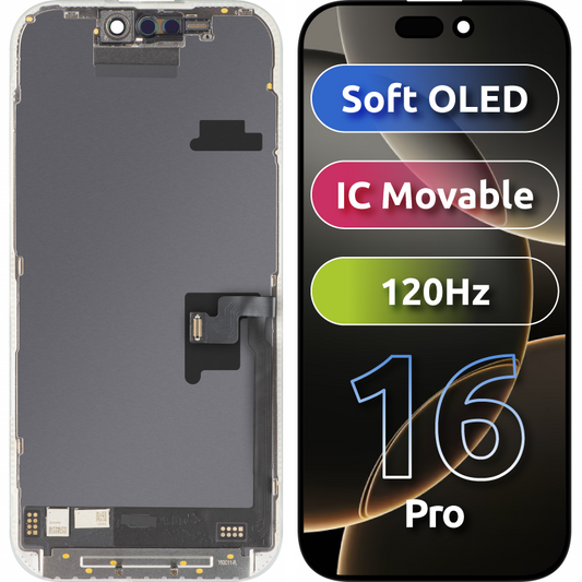 Display con Touchscreen MP compatibile con Apple iPhone 16 Pro, con Cornice, Versione Soft OLED FHD 120Hz IC Movable, Nero