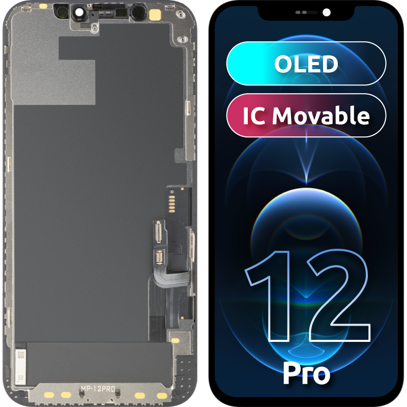 Display con Touchscreen MP compatibile con Apple iPhone 12 / 12 Pro, con Cornice, Versione OLED FHD IC Movable, Nero