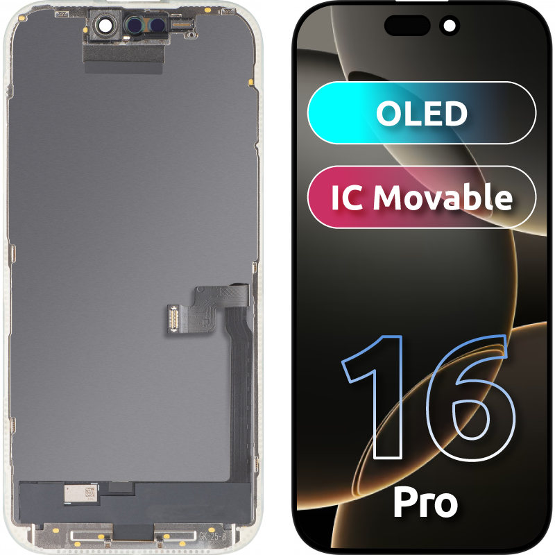 Display con Touchscreen MP compatibile con Apple iPhone 16 Pro, con Cornice, Versione OLED FHD IC Movable, Nero