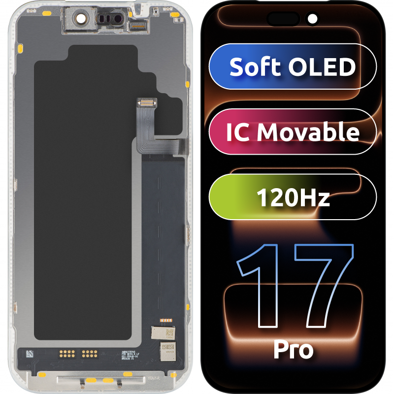 Display con Touchscreen MP compatibile con Apple iPhone 17 Pro, con Cornice, Versione Soft OLED FHD 120Hz IC Movable, Nero
