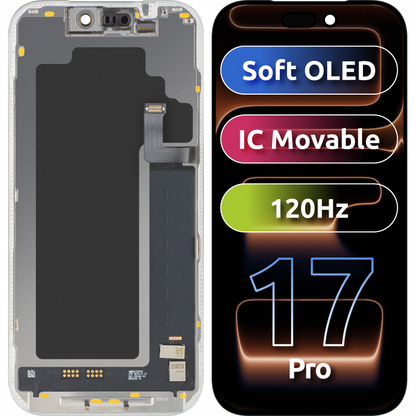 Display con Touchscreen MP compatibile con Apple iPhone 17 Pro, con Cornice, Versione Soft OLED FHD 120Hz IC Movable, Nero
