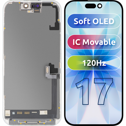 Display con Touchscreen MP compatibile con Apple iPhone 17, con Cornice, Versione Soft OLED FHD 120Hz IC Movable, Nero