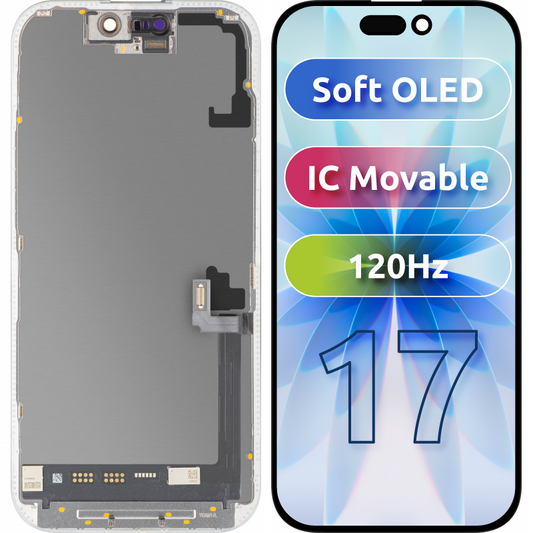 Display con Touchscreen MP compatibile con Apple iPhone 17, con Cornice, Versione Soft OLED FHD 120Hz IC Movable, Nero