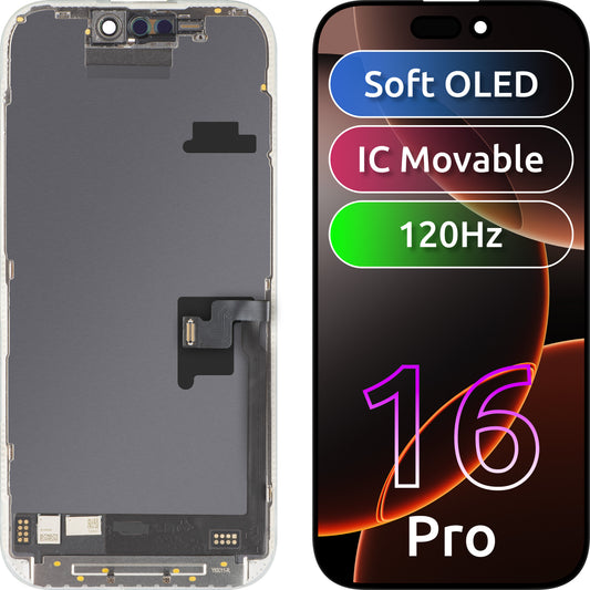 Display con Touchscreen MP compatibile con Apple iPhone 16 Pro, con Cornice, Versione Soft OLED FHD 120Hz IC Movable, Nero