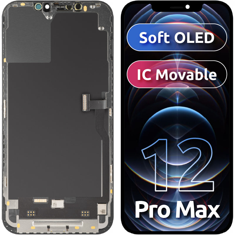 Display con Touchscreen MP compatibile con Apple iPhone 12 Pro Max, con Cornice, Versione Soft OLED IC Movable FHD, Nero