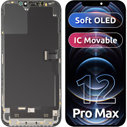 Display con Touchscreen MP compatibile con Apple iPhone 12 Pro Max, con Cornice, Versione Soft OLED IC Movable FHD, Nero
