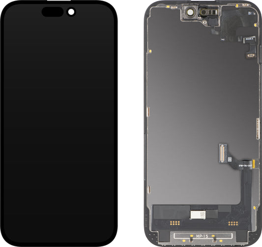 Display con Touchscreen e Sensore di Prossimità MP compatibile con Apple iPhone 15, con Cornice, Versione Software OLED FHD Diagnostica, Nero