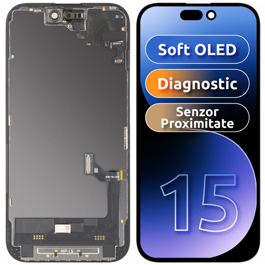 Display con Touchscreen e Sensore di Prossimità MP compatibile con Apple iPhone 15, con Cornice, Versione Software OLED FHD Diagnostica, Nero