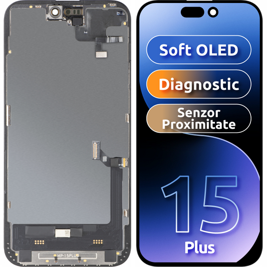 Display con Touchscreen e Sensore di Prossimità MP compatibile con Apple iPhone 15 Plus, con Cornice, Versione Software OLED FHD Diagnostica, Nero