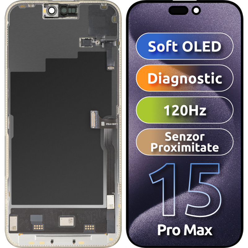 Display con Touchscreen e Sensore di Prossimità MP compatibile con Apple iPhone 15 Pro Max, con Cornice, Versione Software OLED FHD 120Hz Diagnostica, Nero