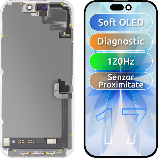 Display con Touchscreen e Sensore di Prossimità MP compatibile con Apple iPhone 17, con Cornice, Versione Software OLED FHD 120Hz Diagnostica, Nero
