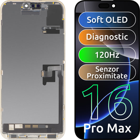 Display con Touchscreen e Sensore di Prossimità MP compatibile con Apple iPhone 16 Pro Max, con Cornice, Versione Software OLED FHD 120Hz Diagnostica, Nero