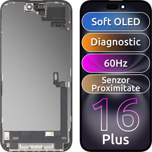 Display con Touchscreen e Sensore di Prossimità MP compatibile con Apple iPhone 16 Plus, con Cornice, Versione Software OLED FHD Diagnostica, Nero