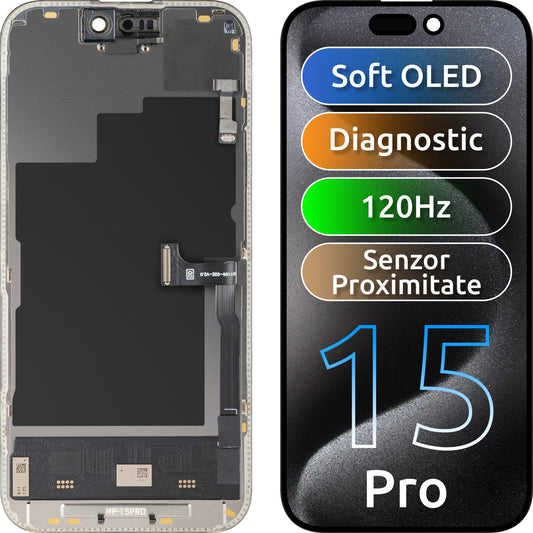Display con Touchscreen e Sensore di Prossimità MP compatibile con Apple iPhone 15 Pro, con Cornice, Versione Software OLED FHD 120Hz Diagnostica, Nero