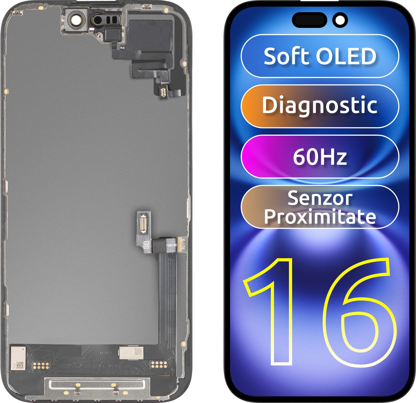Display con Touchscreen e Sensore di Prossimità MP compatibile con Apple iPhone 16, con Cornice, Versione Software OLED FHD Diagnostica, Nero