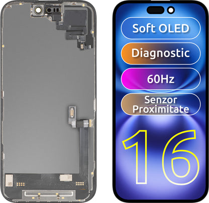 Display con Touchscreen e Sensore di Prossimità MP compatibile con Apple iPhone 16, con Cornice, Versione Software OLED FHD Diagnostica, Nero