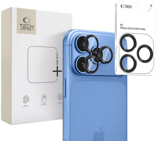 Pellicola protettiva per fotocamera posteriore Tech-Protect CamRing Fit+ per Apple iPhone 18 Pro / 18 Pro Max, vetro temperato, nero