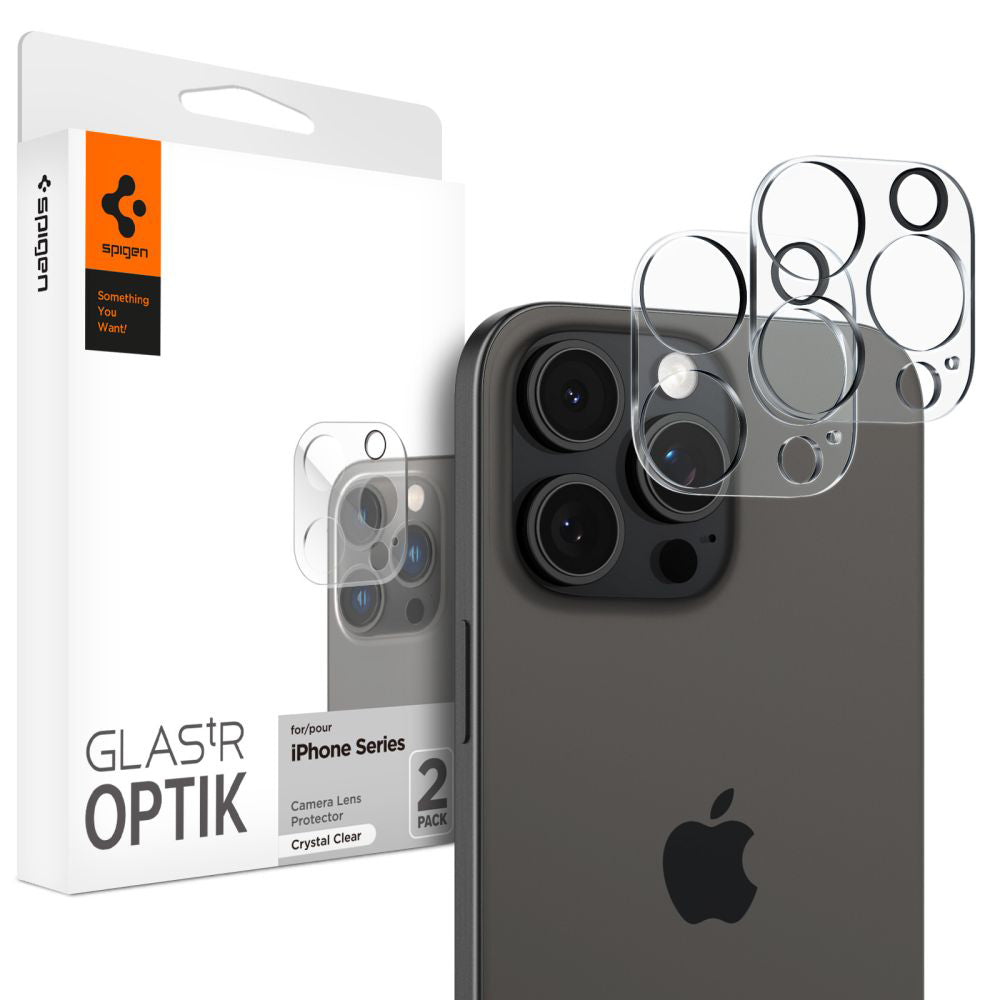 Spigen Optik Pellicola protettiva della fotocamera posteriore per Apple iPhone 15 Pro Max / 15 Pro, protezione del vetro, colla completa, set di 2 pezzi, trasparente