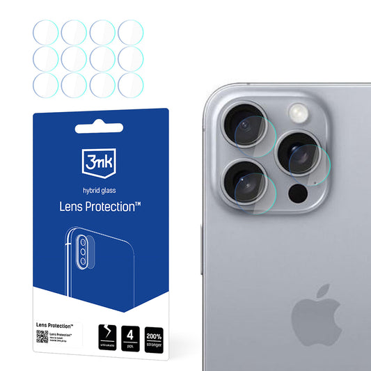 Pellicola protettiva per fotocamera posteriore 3MK Protection per Apple iPhone 16 Pro, Vetro Flessibile, Set da 4 pezzi, Trasparente