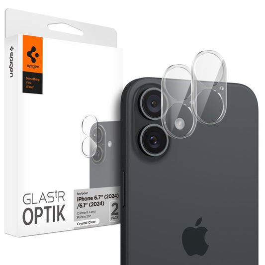 Pellicola protettiva per fotocamera posteriore Spigen GlastR Optik per Apple iPhone 16 Plus / 16, vetro temperato, set da 2 pezzi, trasparente AGL07923