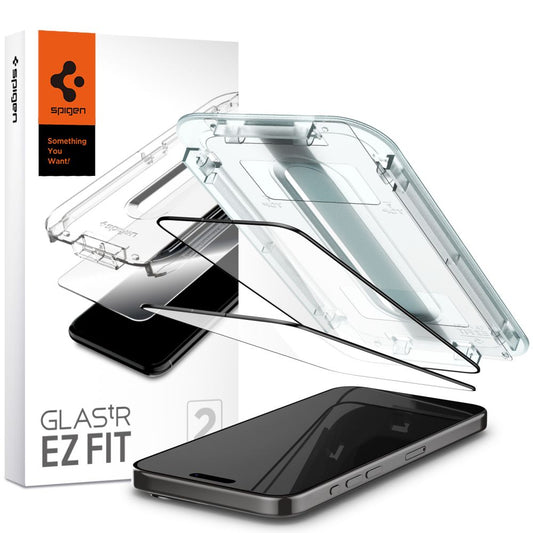 Pellicola Protettiva Schermo Spigen GlastR EZ FIT per Apple iPhone 15 Pro, Vetro Temperato, Full Glue, Set 2 pezzi, Nera AGL06893