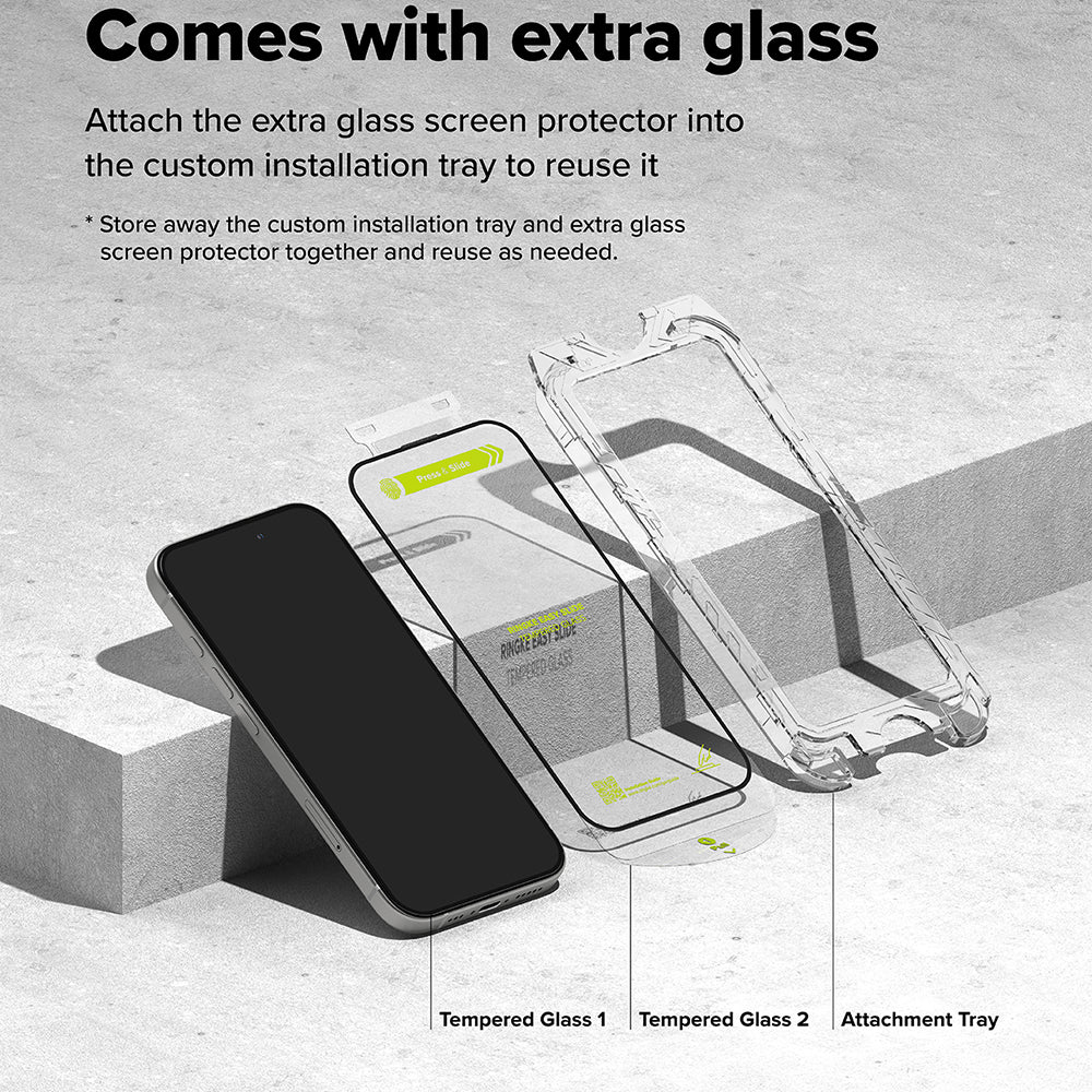 Ringke Easy Slide Screen Protector per Apple iPhone 16 / 15, protezione in vetro, colla completa, set 2 pezzi, nero