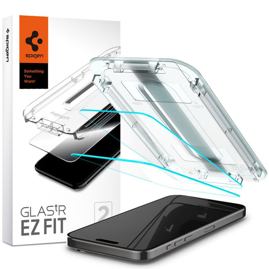 Pellicola protettiva per schermo Spigen GlastR EZ FIT per Apple iPhone 15 Pro, Vetro temperato, Full Glue, Set 2 pezzi AGL06892