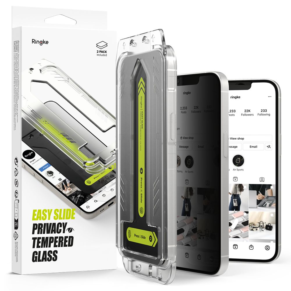 Pellicola Protettiva Schermo Privacy Ringke Easy Slide per Apple iPhone 16e / 14 / 13 Pro / 13, Vetro Temperato, Full Glue, Set 2 pezzi