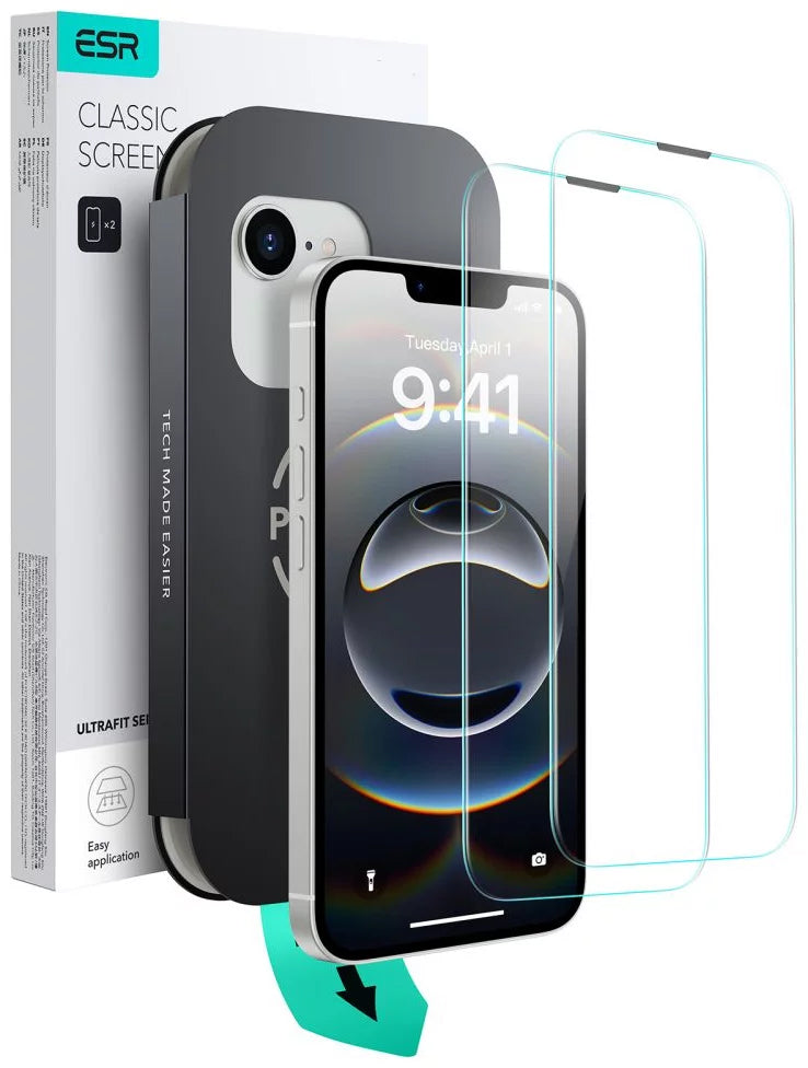 Pellicola protettiva schermo ESR Ultrafit per Apple iPhone 17e / 16e / 14 / 13 Pro, Vetro Temperato, Full Glue, Set 2 pezzi