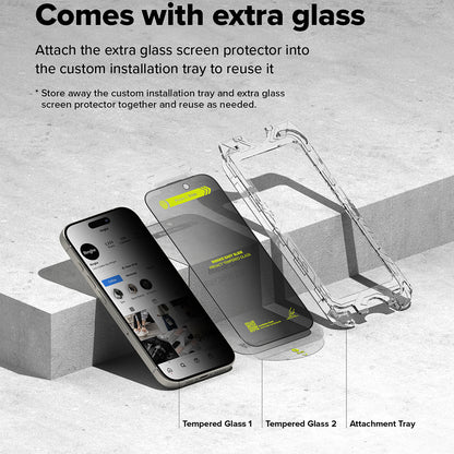 Protezione dello schermo della privacy Ringke Easy Slide per Apple iPhone 16 Pro Max, vetro protetto, colla completa, set 2 pezzi 